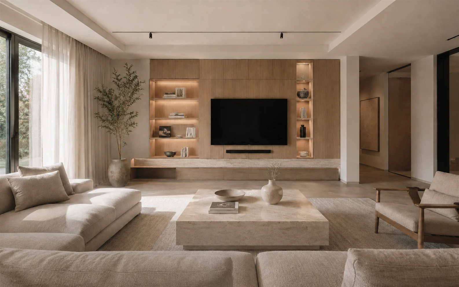 Doğal ışık alan, açık meşe detaylı çağdaş salon tasarımı