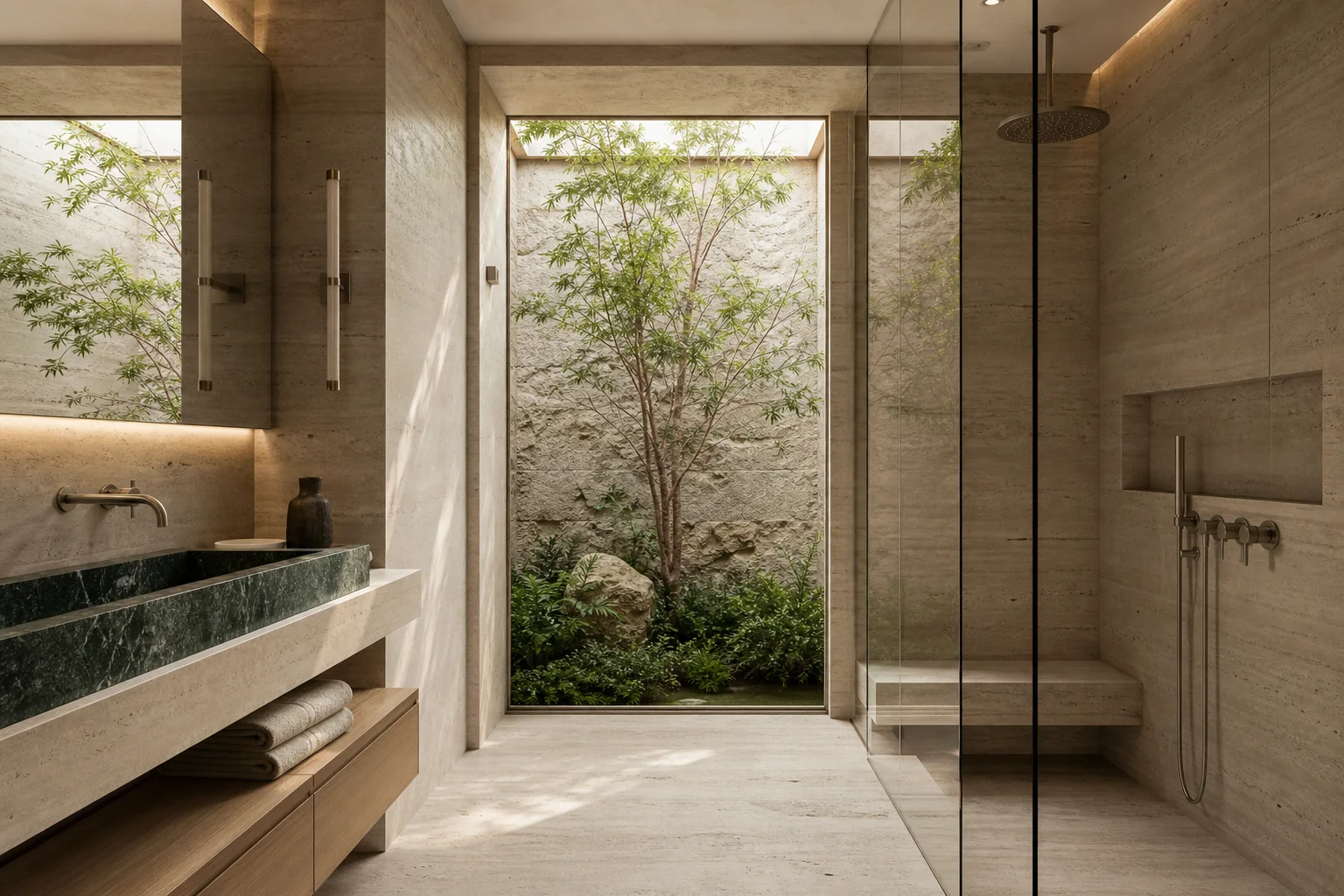 Işık bahçesine açılan traverten ve yeşil mermer detaylı modern banyo